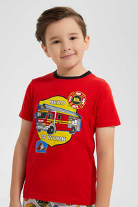 Redtag-Red-Engine-Print--T-Shirt-And-Short-Pyjama--Set-Pyjama-Sets-Boys-2 to 8 Years