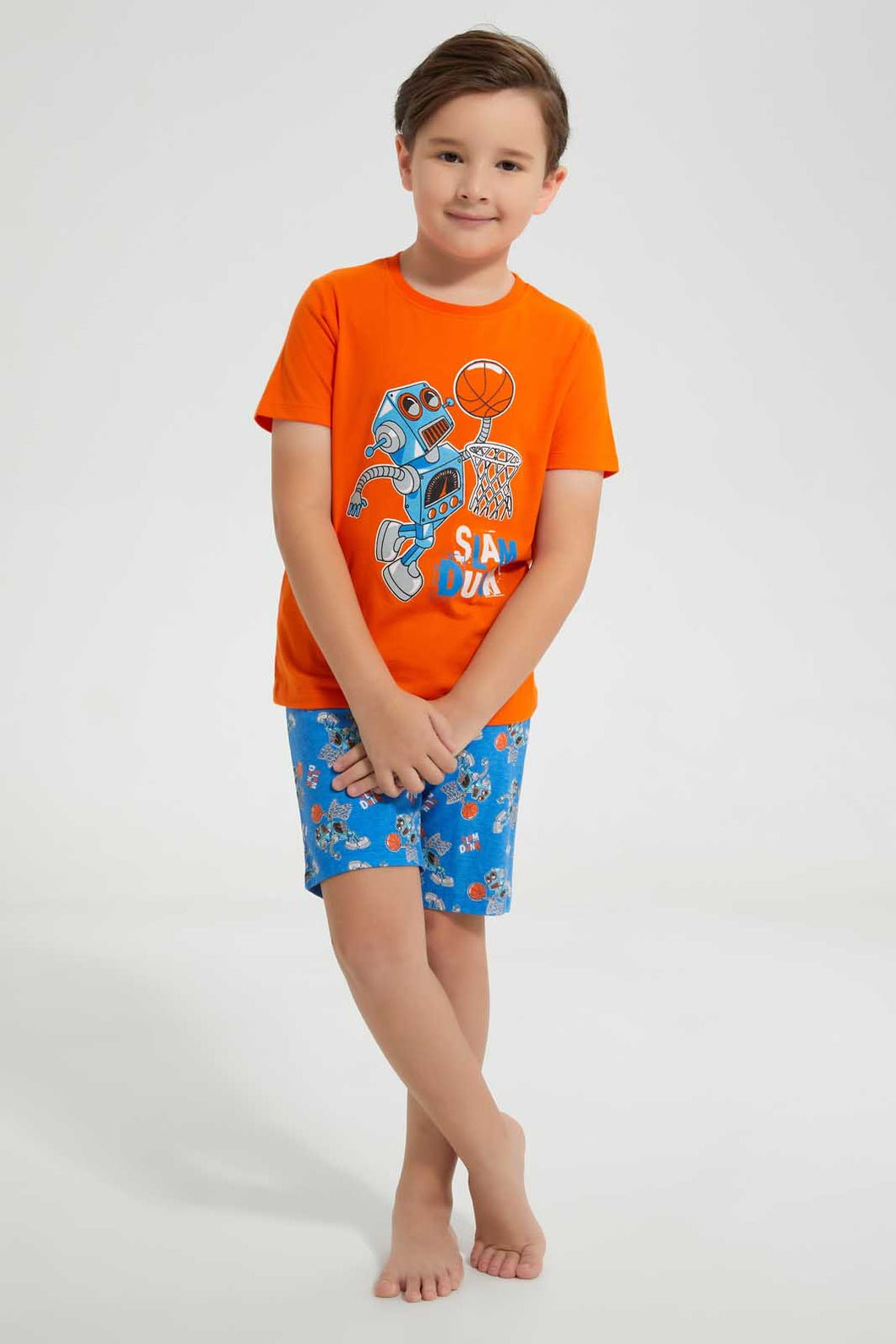 Redtag-Orange-Robot-Print-T-Shirt-And-Short-Pyjama-Set-Pyjama-Sets-Boys-2 to 8 Years