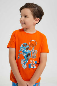 Redtag-Orange-Robot-Print-T-Shirt-And-Short-Pyjama-Set-Pyjama-Sets-Boys-2 to 8 Years