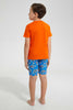 Redtag-Orange-Robot-Print-T-Shirt-And-Short-Pyjama-Set-Pyjama-Sets-Boys-2 to 8 Years