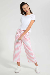 Redtag-Grey/White-Stripes-Capri-With-Side-Pocket-Printed-Capris-Senior-Girls-9 to 14 Years