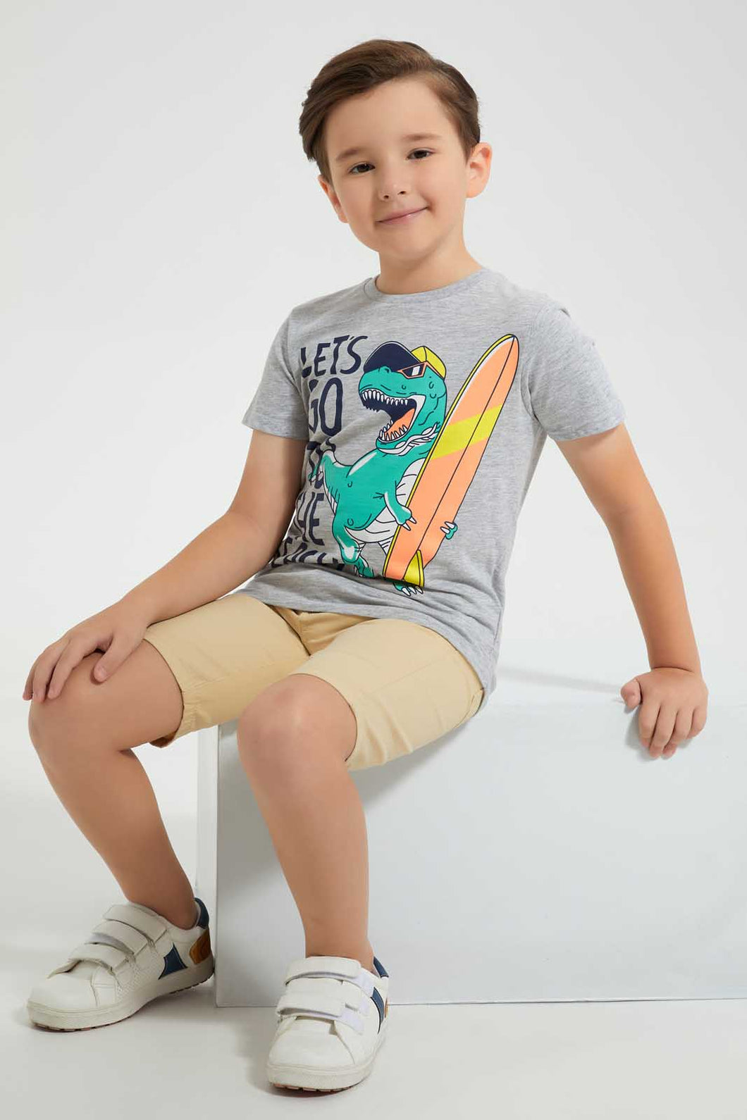 Redtag-Grey-T-Shirt-And-Short-With-Sun-Glasses-Sets-Boys-2 to 8 Years