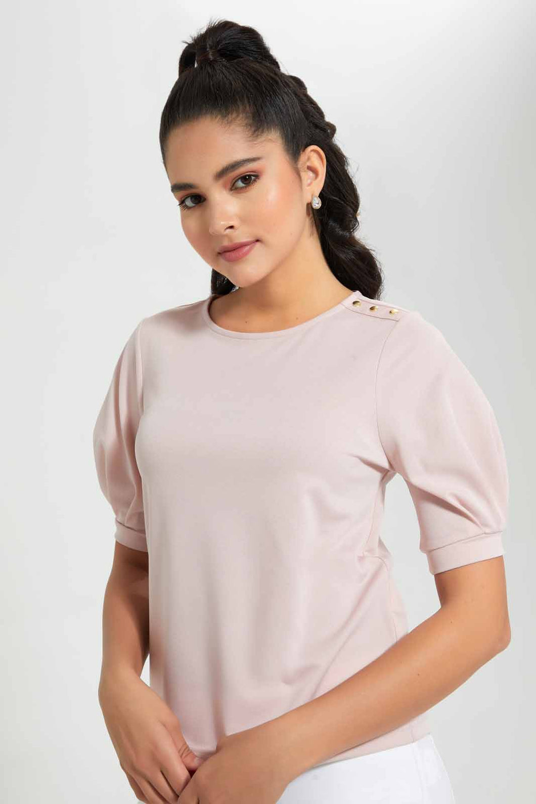 Redtag-Pink-Pleated-Sleeve-Top-With-Gold-Button-Details-On-Shoulder-Blouses-Women's-