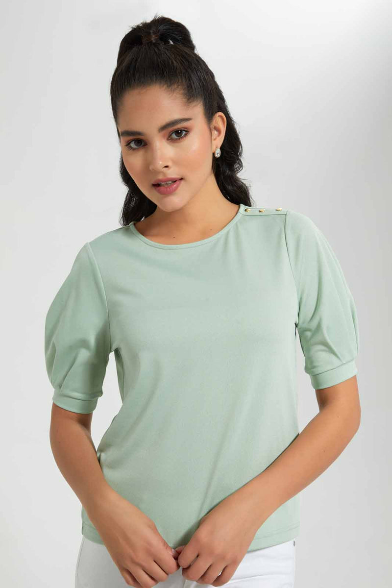 Redtag-Mint-Pleated-Sleeve-Top-With-Gold-Button-Details-On-Shoulder-Blouses-Women's-