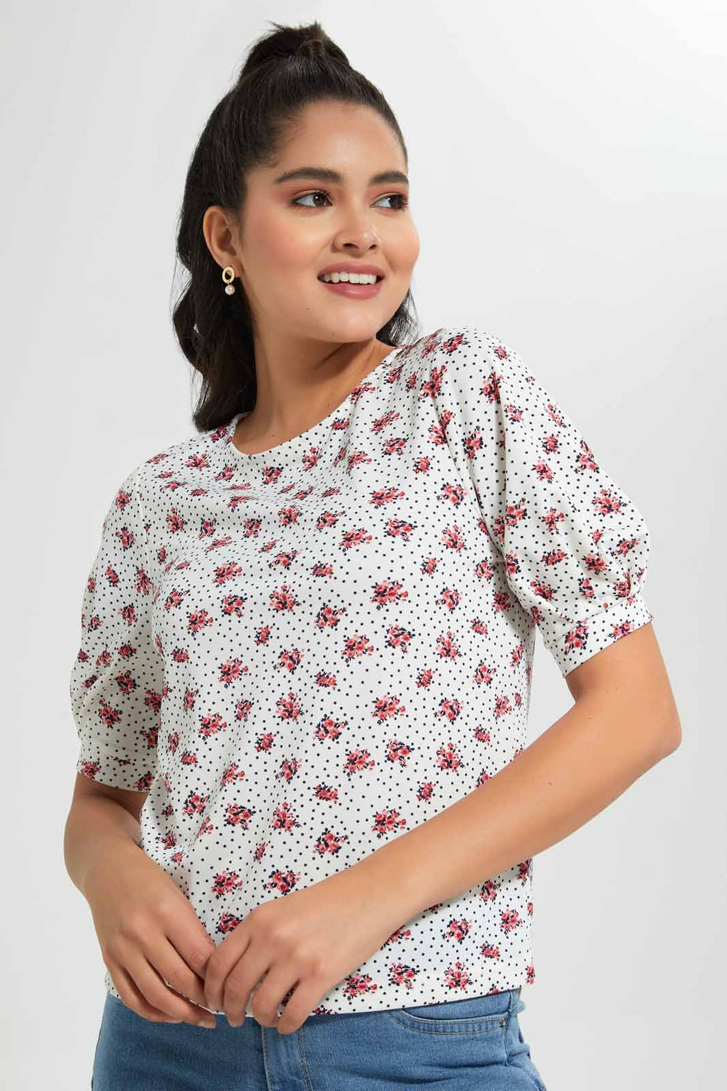 Redtag-Assorted-Pleated-Sleeve-Top-With-Gold-Button-Details-On-Shoulder-Blouses-Women's-
