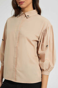 Redtag-Beige-Collared-Shirt-Blouses-Women's-