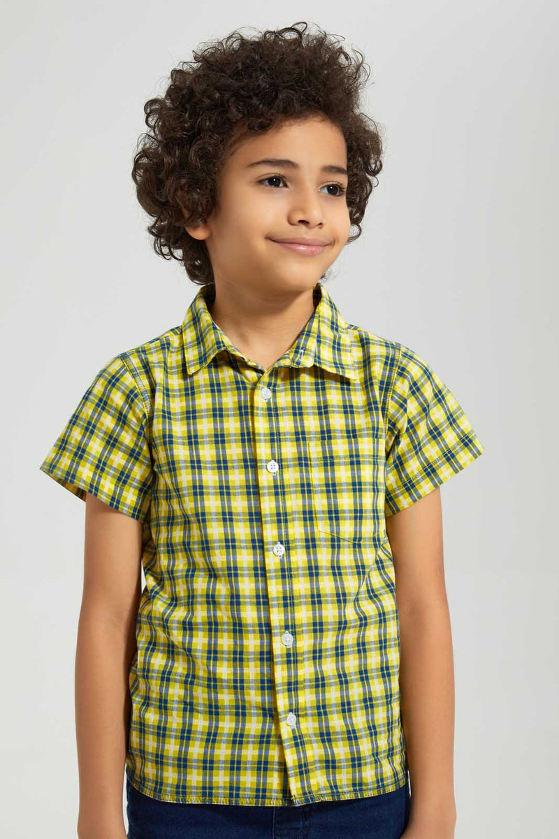 Redtag-Yellow-Check-Ss-Shirt-Casual-Shirts-Boys-2 to 8 Years