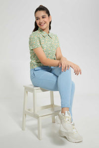 Redtag-Blue/Yellow-Floral-Front-Tie-Crop-Shirt-Cropped-Tops-Senior-Girls-9 to 14 Years