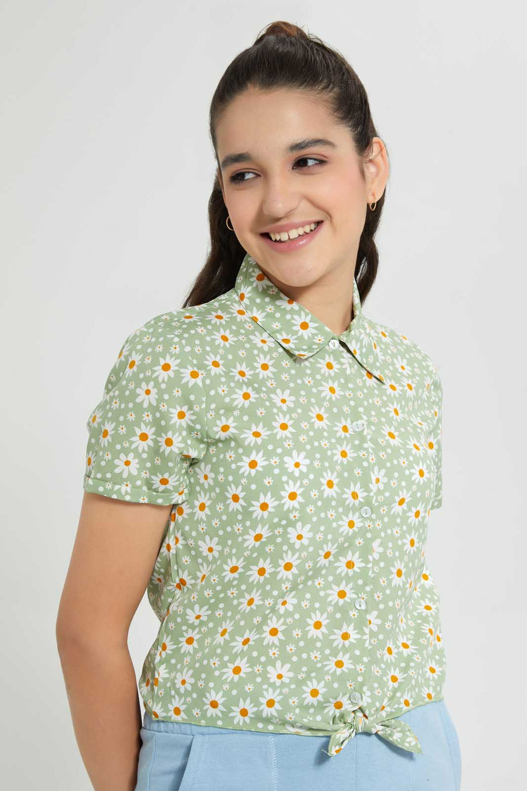 Redtag-Blue/Yellow-Floral-Front-Tie-Crop-Shirt-Cropped-Tops-Senior-Girls-9 to 14 Years