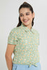 Redtag-Blue/Yellow-Floral-Front-Tie-Crop-Shirt-Cropped-Tops-Senior-Girls-9 to 14 Years