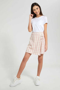 Redtag-White/Beige-2Pcs-Pack-T-Shirt-With-Pocket-Plain-T-Shirts-Senior-Girls-9 to 14 Years