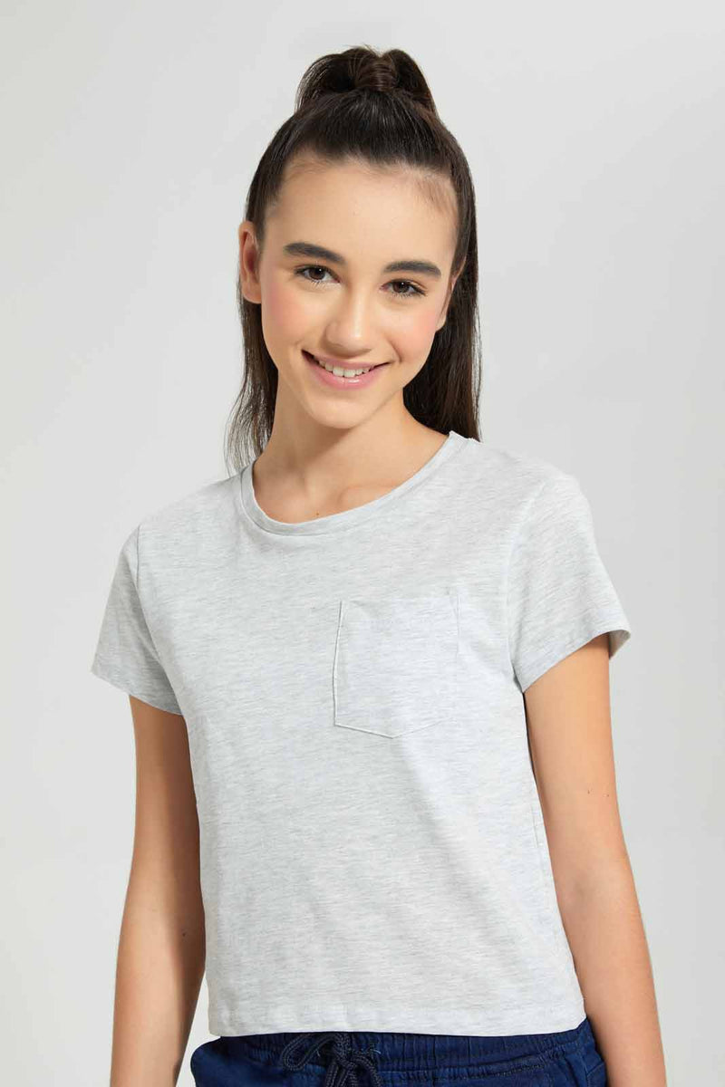 Redtag-Pink/Lt-Grey-2Pcs-Pack-T-Shirt-With-Pocket-Plain-T-Shirts-Senior-Girls-9 to 14 Years