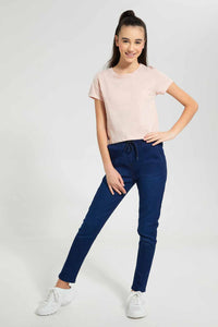 Redtag-Pink/Lt-Grey-2Pcs-Pack-T-Shirt-With-Pocket-Plain-T-Shirts-Senior-Girls-9 to 14 Years