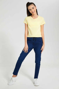 Redtag-Lt-Yellow/Lt-Blue-2Pcs-Pack-Crop-T-Shirt-Plain-T-Shirts-Senior-Girls-9 to 14 Years