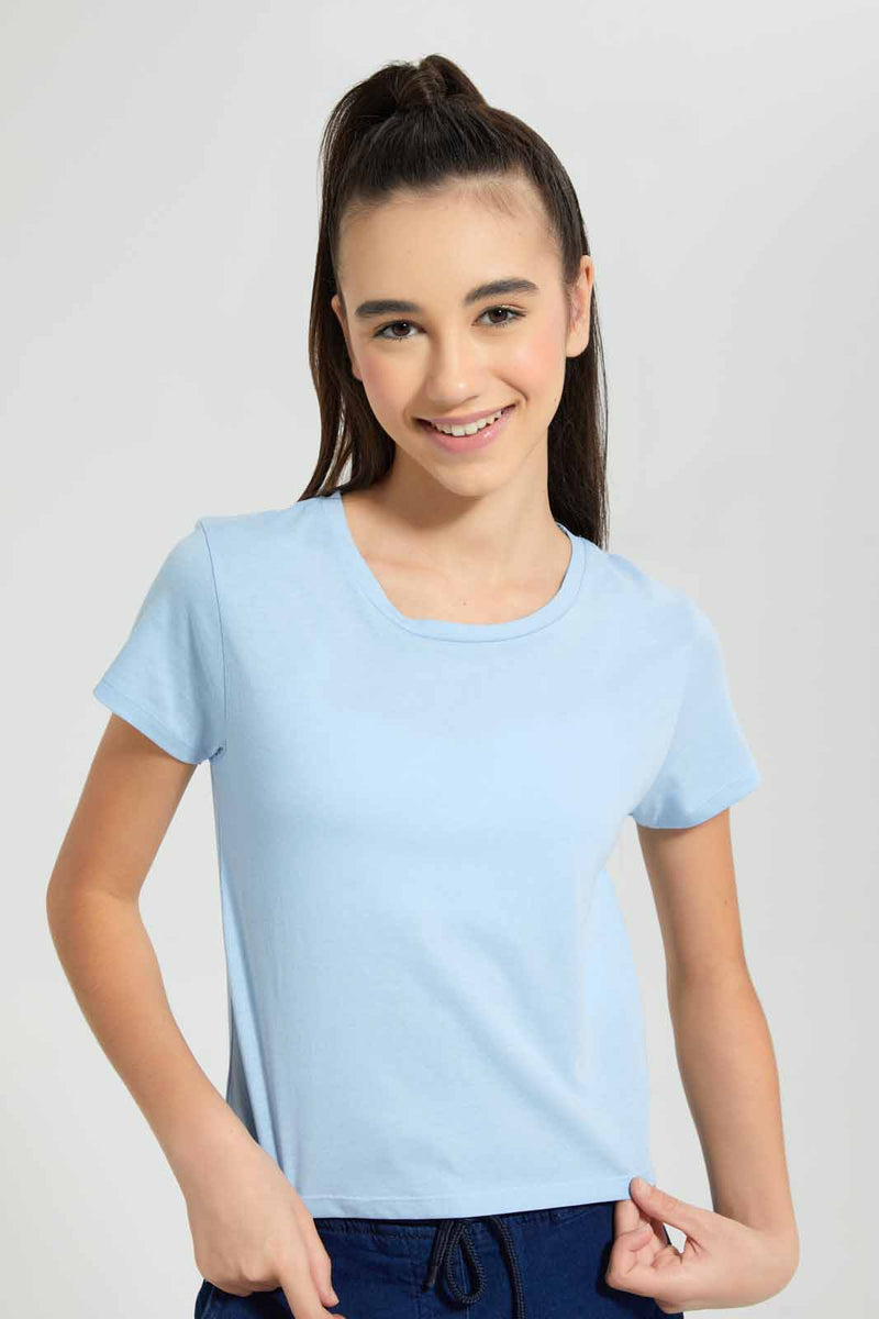 Redtag-Lt-Yellow/Lt-Blue-2Pcs-Pack-Crop-T-Shirt-Plain-T-Shirts-Senior-Girls-9 to 14 Years