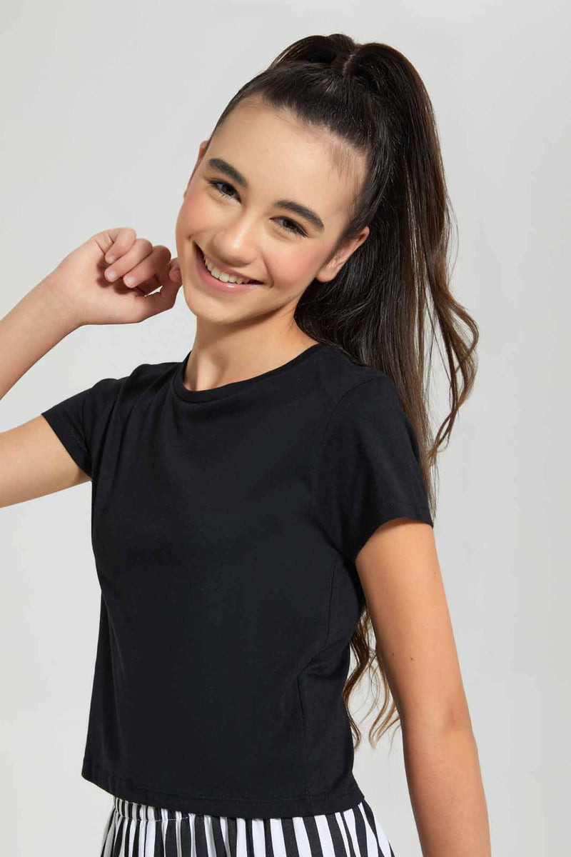 Redtag-Black/White-2Pcs-Pack-Crop-T-Shirt-Plain-T-Shirts-Senior-Girls-9 to 14 Years