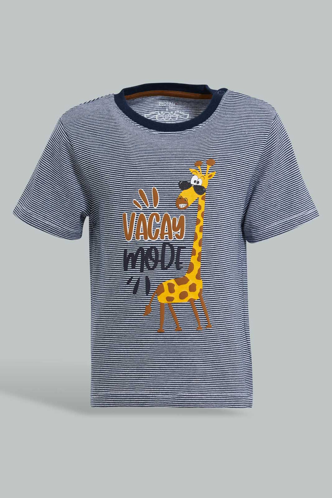 Redtag-Navy-Giraffe-Striped-Tshirt-Striped-T-Shirts-Infant-Boys-3 to 24 Months