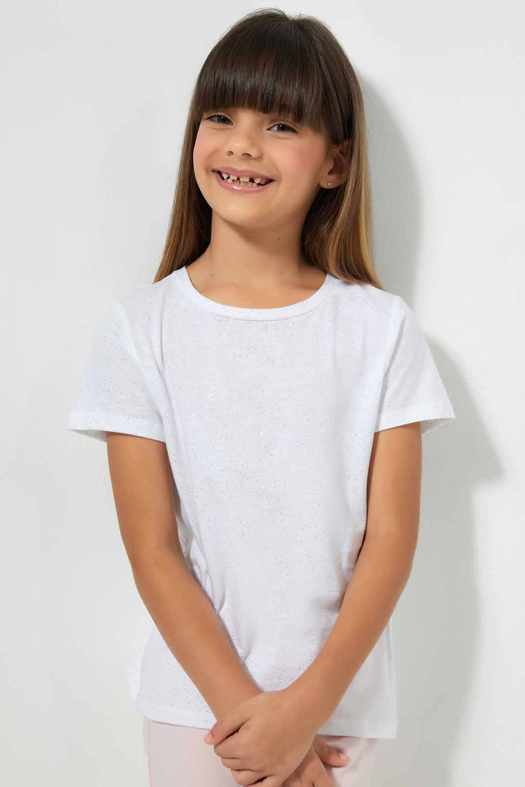 Redtag-White-Girls-Printed-Glitter-T-Shirt-Graphic-T-Shirts-Girls-2 to 8 Years