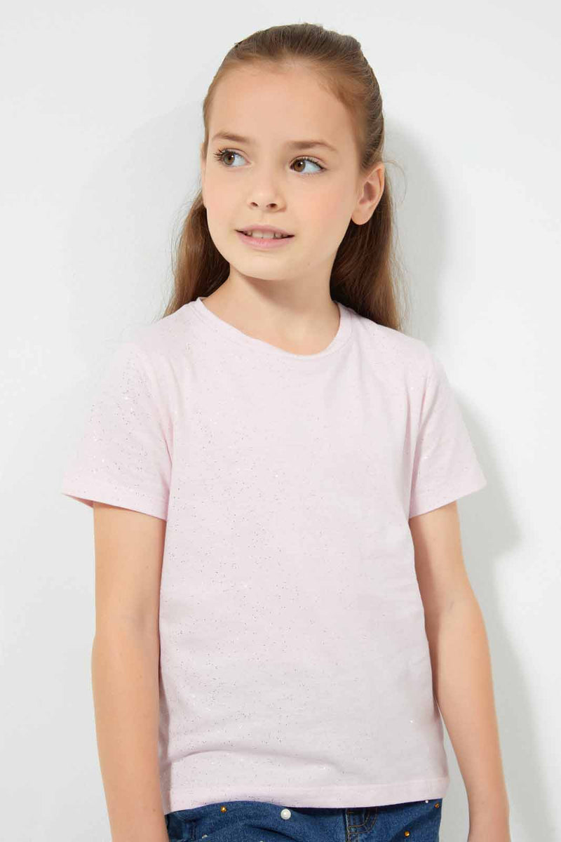 Redtag-Lt-Pink-Girls-Printed-Glitter-T-Shirt-Graphic-T-Shirts-Girls-2 to 8 Years