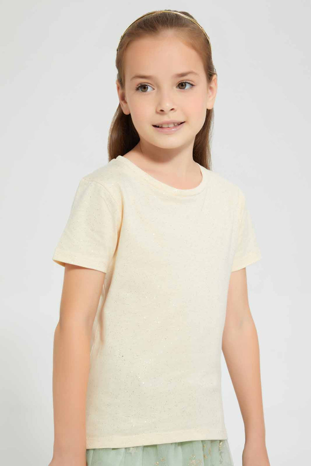 Redtag-Beige-Girls-Printed-Glitter-T-Shirt-Graphic-T-Shirts-Girls-2 to 8 Years