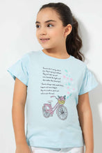 Load image into Gallery viewer, Redtag-Sky-Blue-Girls-T-Shirt-With-Rhinestone-And-Placement-Print-Graphic-T-Shirts-Girls-2 to 8 Years
