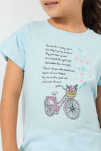 Load image into Gallery viewer, Redtag-Sky-Blue-Girls-T-Shirt-With-Rhinestone-And-Placement-Print-Graphic-T-Shirts-Girls-2 to 8 Years
