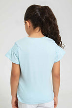 Load image into Gallery viewer, Redtag-Sky-Blue-Girls-T-Shirt-With-Rhinestone-And-Placement-Print-Graphic-T-Shirts-Girls-2 to 8 Years
