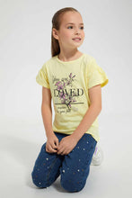 Load image into Gallery viewer, Redtag-Lt.-Yellow-Girls-T-Shirt-With-Rhinestone-And-Placement-Print-Graphic-T-Shirts-Girls-2 to 8 Years
