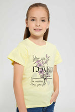 Load image into Gallery viewer, Redtag-Lt.-Yellow-Girls-T-Shirt-With-Rhinestone-And-Placement-Print-Graphic-T-Shirts-Girls-2 to 8 Years
