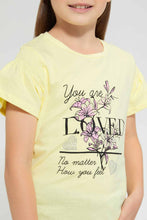 Load image into Gallery viewer, Redtag-Lt.-Yellow-Girls-T-Shirt-With-Rhinestone-And-Placement-Print-Graphic-T-Shirts-Girls-2 to 8 Years
