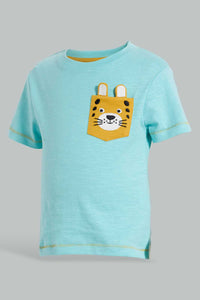 Redtag-Blue-Aqua-Tiger-Patch-Pocket-Short-Sleeve-Tshirt-Embellished-Infant-Boys-3 to 24 Months