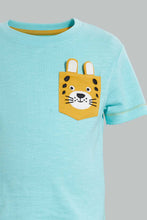 Load image into Gallery viewer, Redtag-Blue-Aqua-Tiger-Patch-Pocket-Short-Sleeve-Tshirt-Embellished-Infant-Boys-3 to 24 Months
