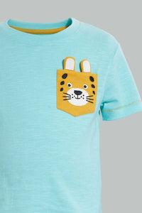Redtag-Blue-Aqua-Tiger-Patch-Pocket-Short-Sleeve-Tshirt-Embellished-Infant-Boys-3 to 24 Months