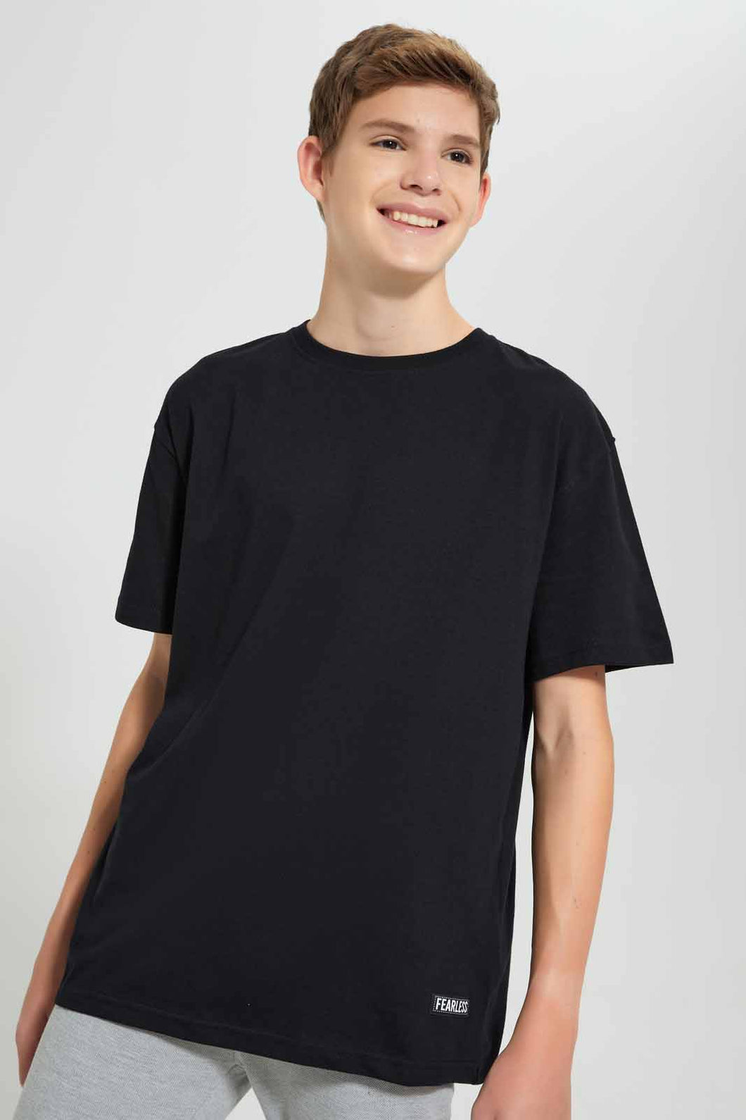 Redtag-Black-Plain-Keyshape-T-Shirt-Plain-T-Shirts-Senior-Boys-9 to 14 Years