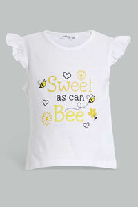 Redtag-Yellow-Bee-Print-T-Shirt-With-Short-Sets-Infant-Girls-3 to 24 Months