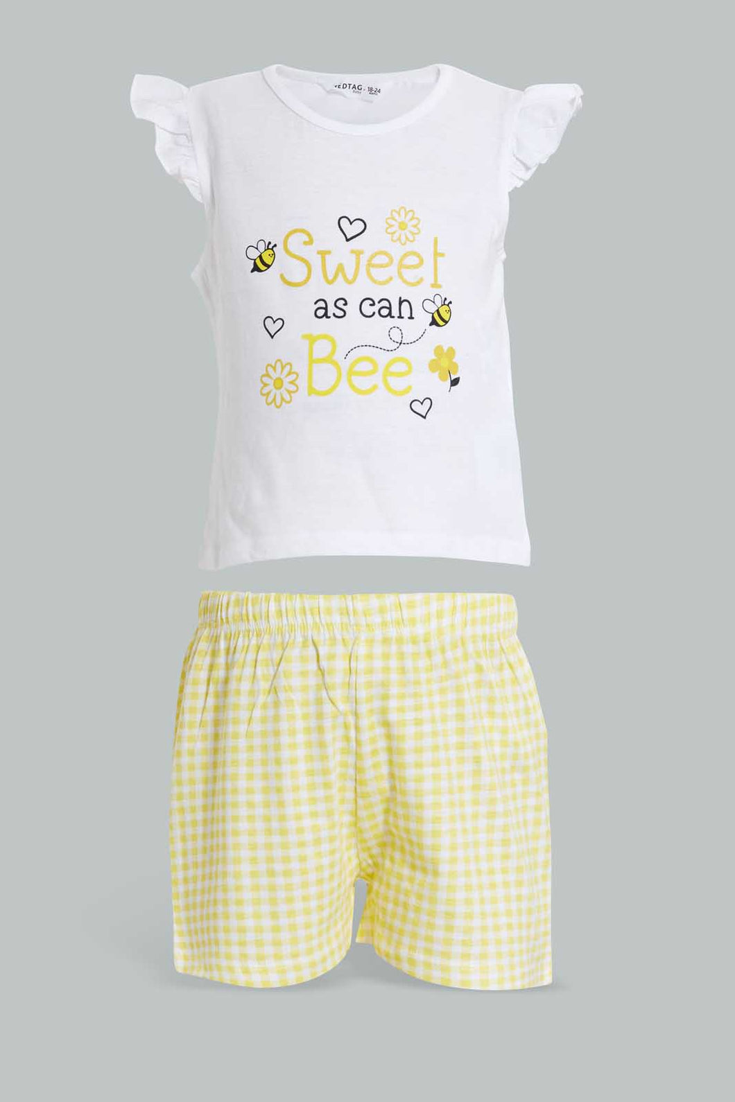 Redtag-Yellow-Bee-Print-T-Shirt-With-Short-Sets-Infant-Girls-3 to 24 Months