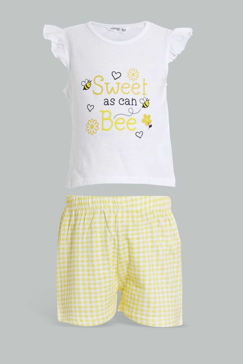 Redtag-Yellow-Bee-Print-T-Shirt-With-Short-Sets-Infant-Girls-3 to 24 Months