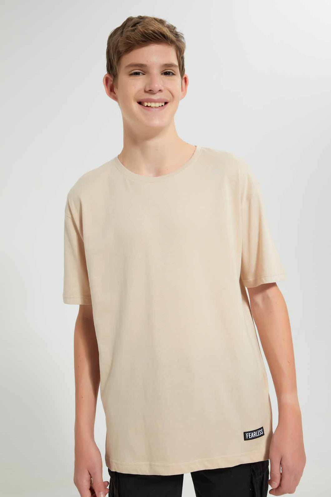Redtag-Beige-Plain-Keyshape-T-Shirt-Plain-T-Shirts-Senior-Boys-9 to 14 Years