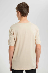 Redtag-Beige-Plain-Keyshape-T-Shirt-Plain-T-Shirts-Senior-Boys-9 to 14 Years