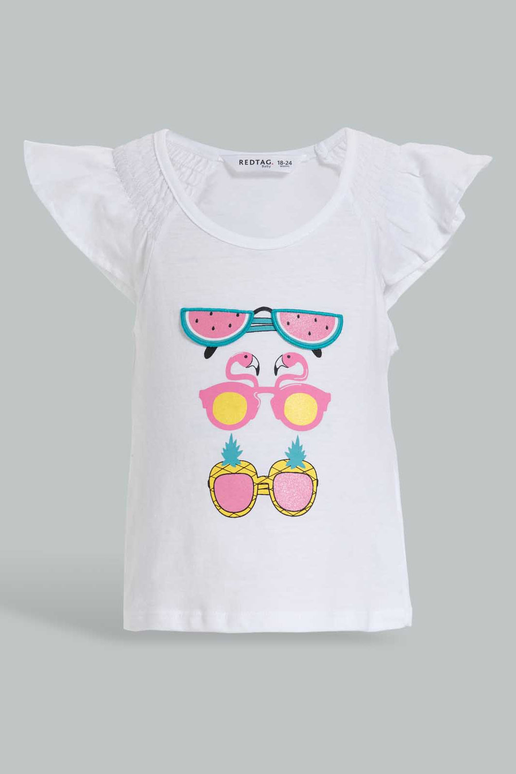 Redtag-White-Tropical-Peek-A-Boo-Artwork-T-Shirt-Embellished-Infant-Girls-3 to 24 Months
