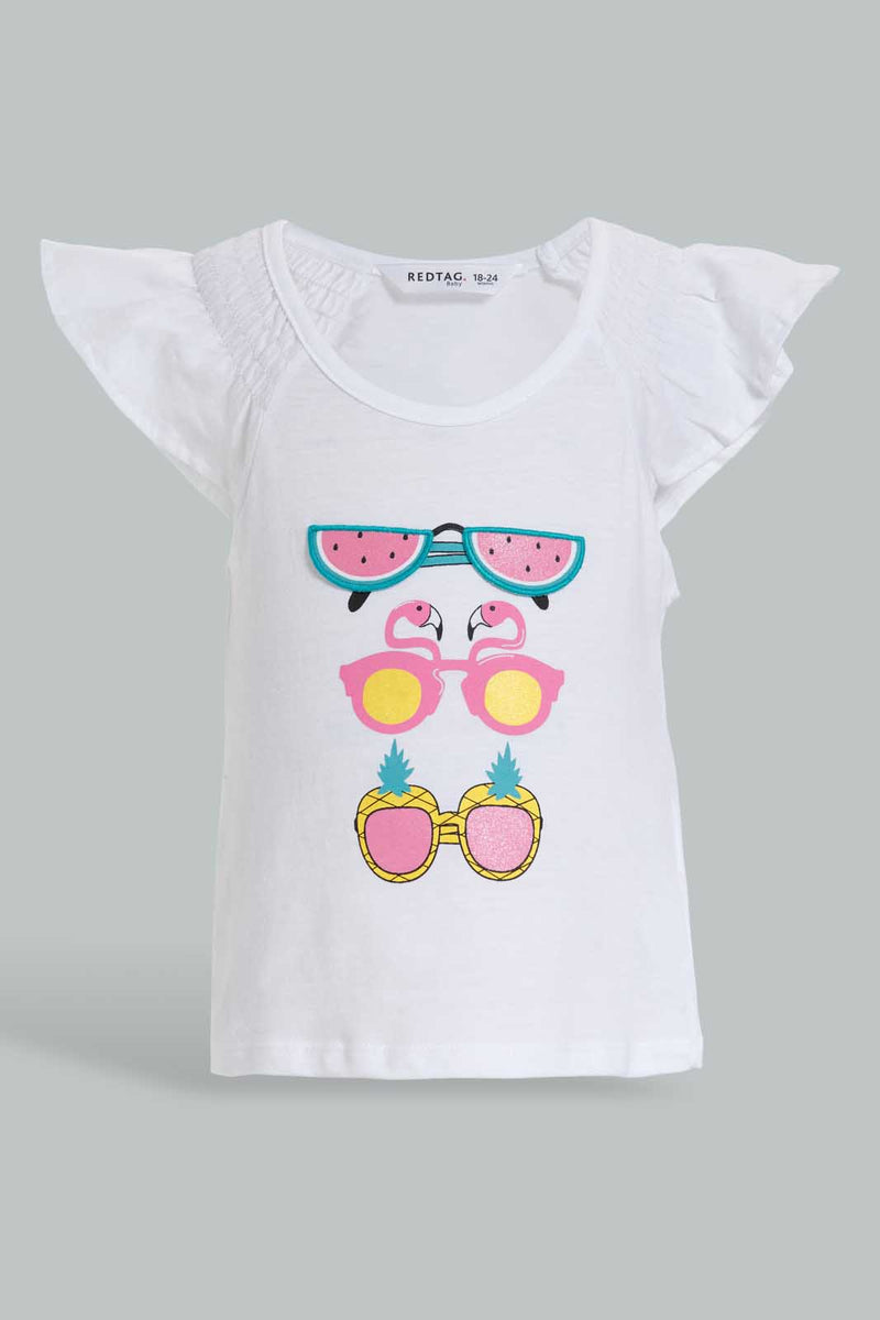Redtag-White-Tropical-Peek-A-Boo-Artwork-T-Shirt-Embellished-Infant-Girls-3 to 24 Months