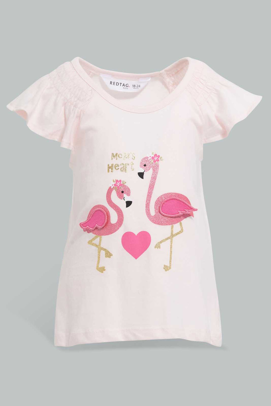 Redtag-Pink-Flamingo-Peek-A-Boo-Artwork-T-Shirt-Embellished-Infant-Girls-3 to 24 Months