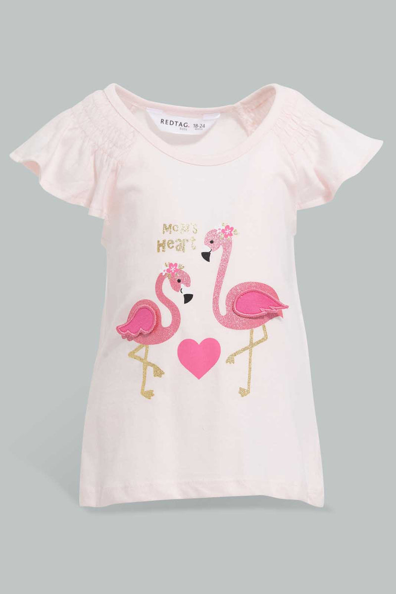 Redtag-Pink-Flamingo-Peek-A-Boo-Artwork-T-Shirt-Embellished-Infant-Girls-3 to 24 Months