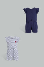 تنزيل الصورة على معرض الصور، Redtag-White-Printed-And-Navy-Solid-Pack-Of-2-Jumpsuit-Jumpsuits-Infant-Girls-3 to 24 Months
