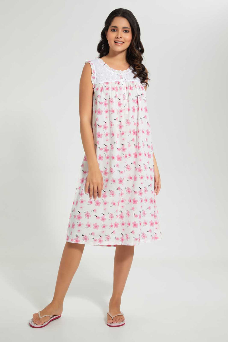Redtag-White-Floral-Printed-Nightgown-Nightgowns-Women's-