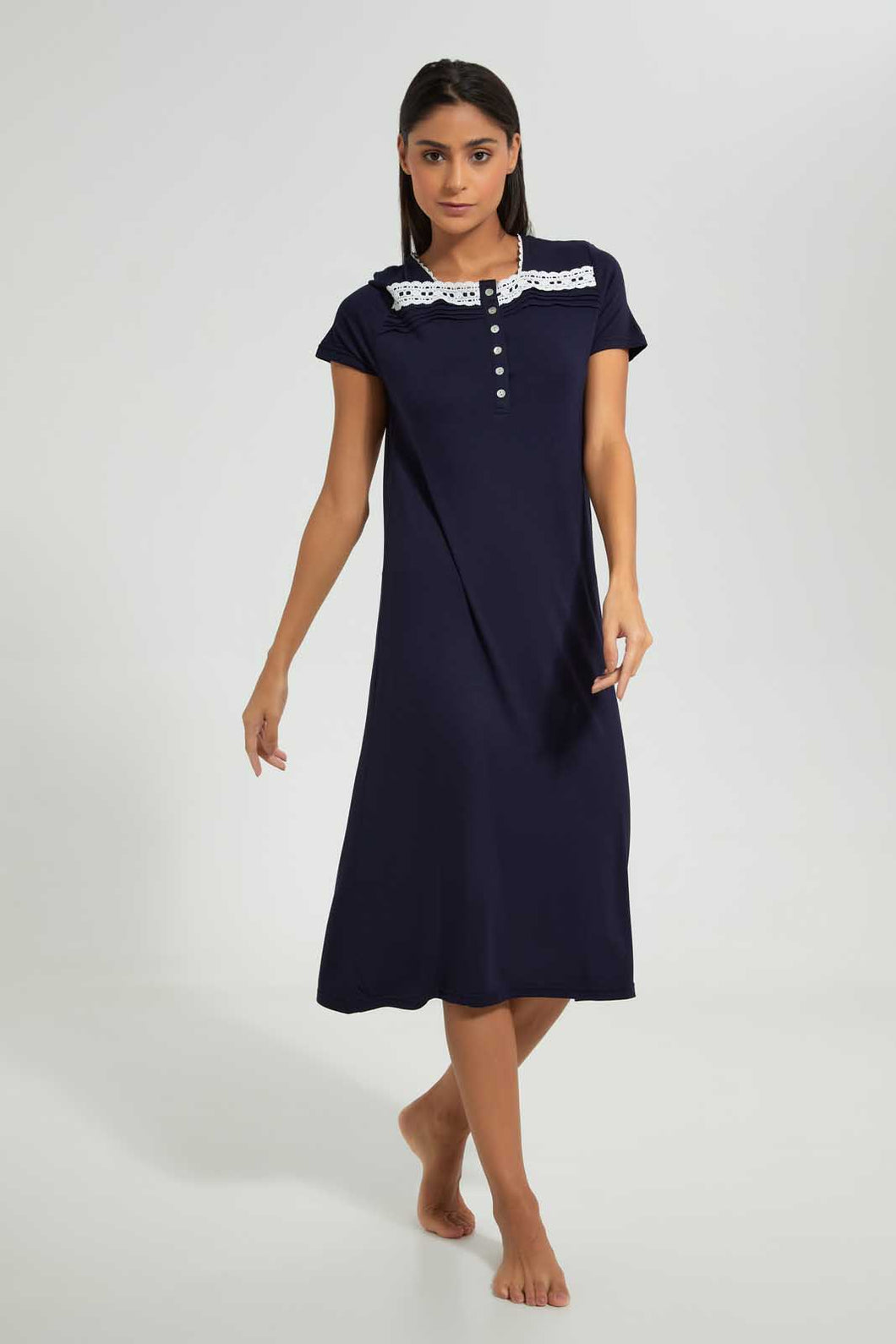 Redtag-Navy-Plain-Nightgown-With-Lace-Nightgowns-Women's-