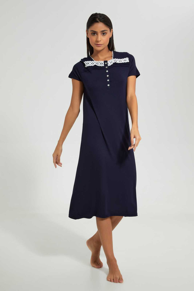 Redtag-Navy-Plain-Nightgown-With-Lace-Nightgowns-Women's-