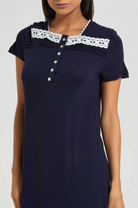 Redtag-Navy-Plain-Nightgown-With-Lace-Nightgowns-Women's-