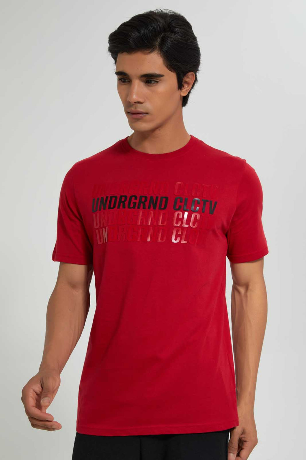 Redtag-Red-T-Shirt-With-Chest-Print-Graphic-Prints-Men's-