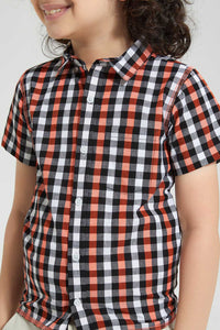 Redtag-Orange-Check-Shirt-With-Print-Casual-Shirts-Boys-2 to 8 Years